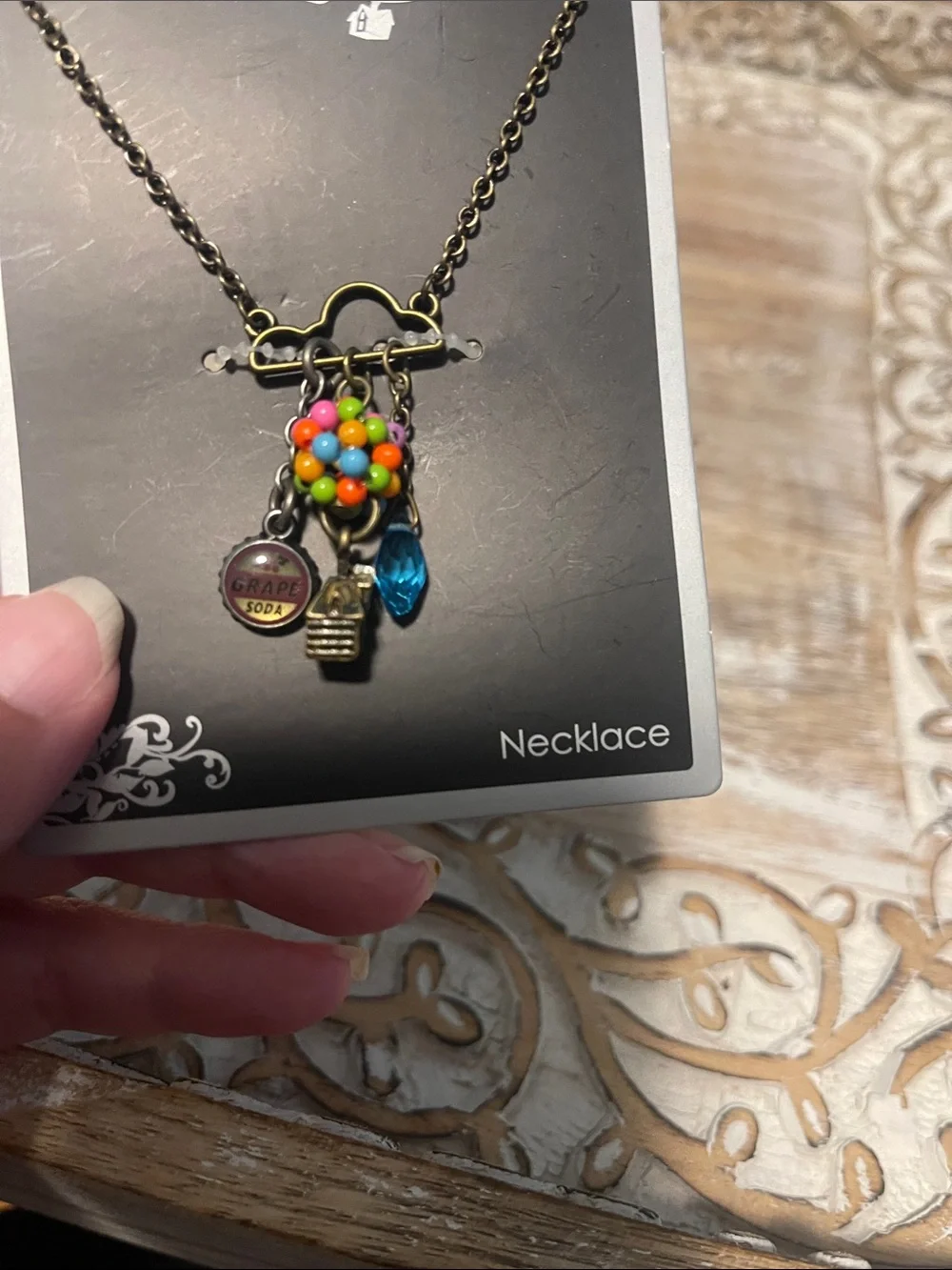 Disney Bronze UP House Necklace with Multicolor Balloon Beads and Blue Teardrop